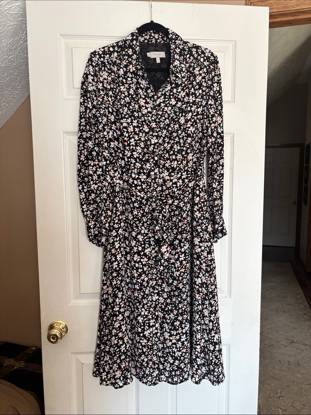 Floral Tie-Waist Long Sleeve Midi Dress - Black with White & Blush Flowers
